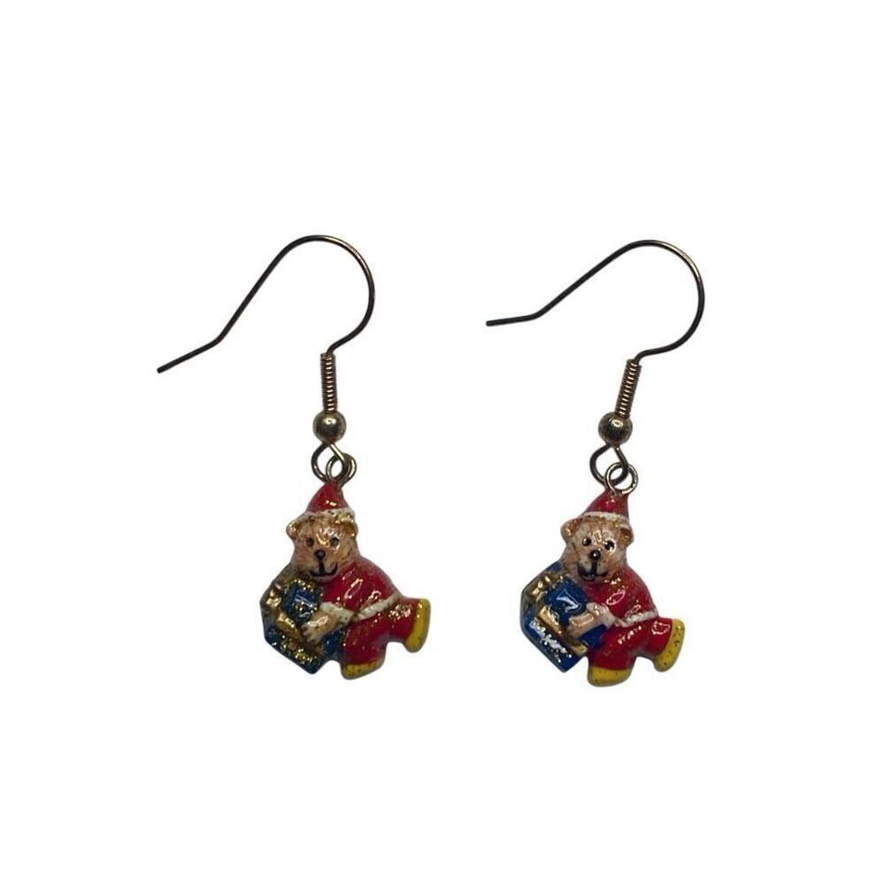Vintage Christmas Bear Earrings Enamel Holiday Dangle Festive Gift Jewelry